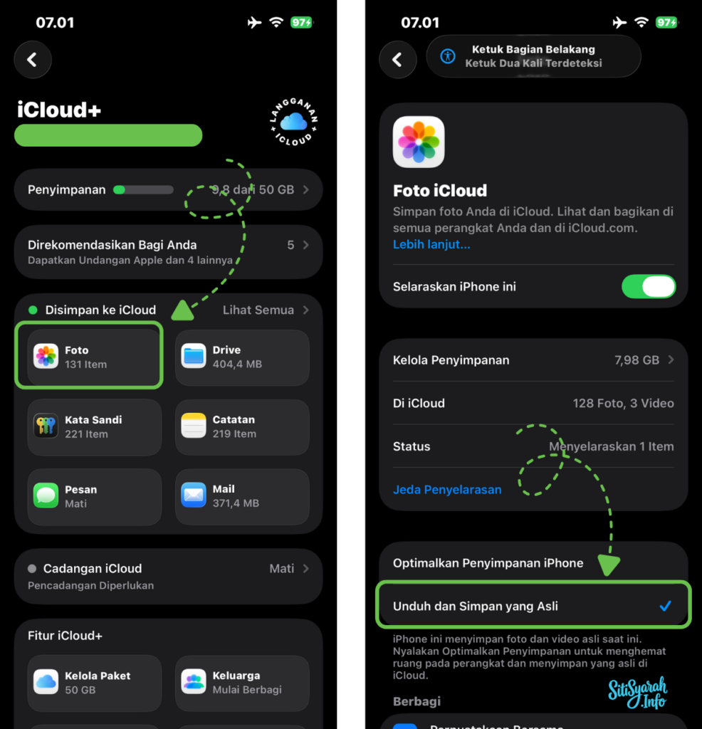 screenshot settings icloud photos optimize vs download originals
